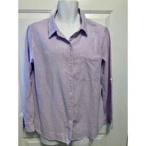 Dylan Women's Collared Purple White‎ Button-Up Shirt Linen Blend L Large Raw Hem
